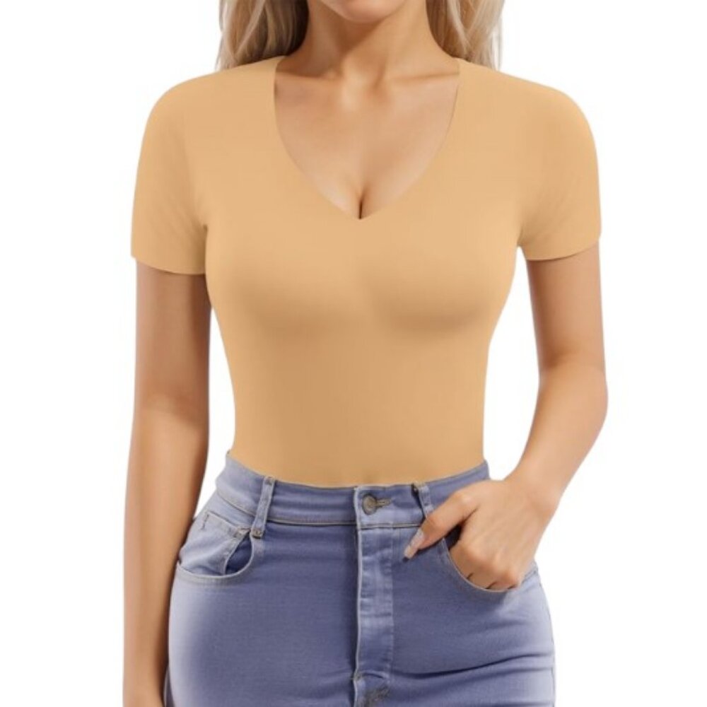 Mangopop ochre double lined short sleeve V neck fitted basic tee size S NWT